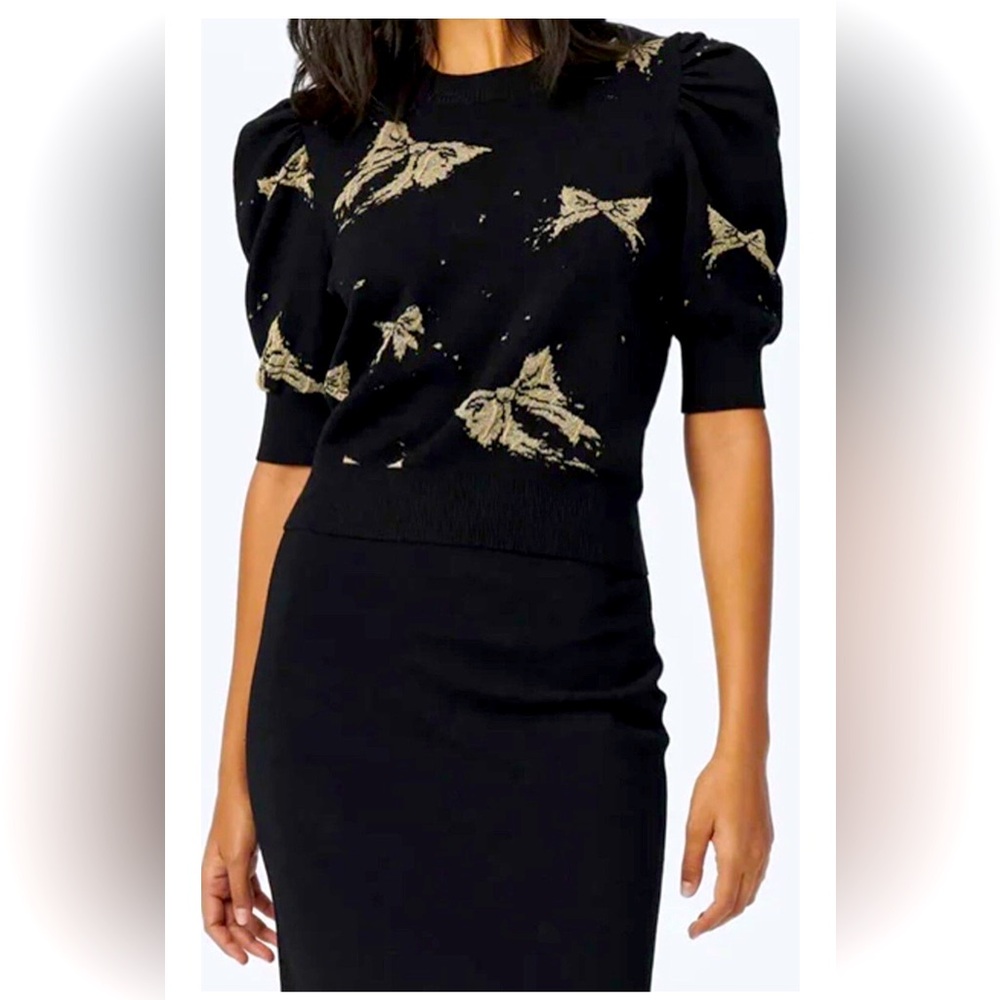 Diane von Furstenberg Black Gold Metallic Bow Jacquard-Knit Puff Sleeve Sweater